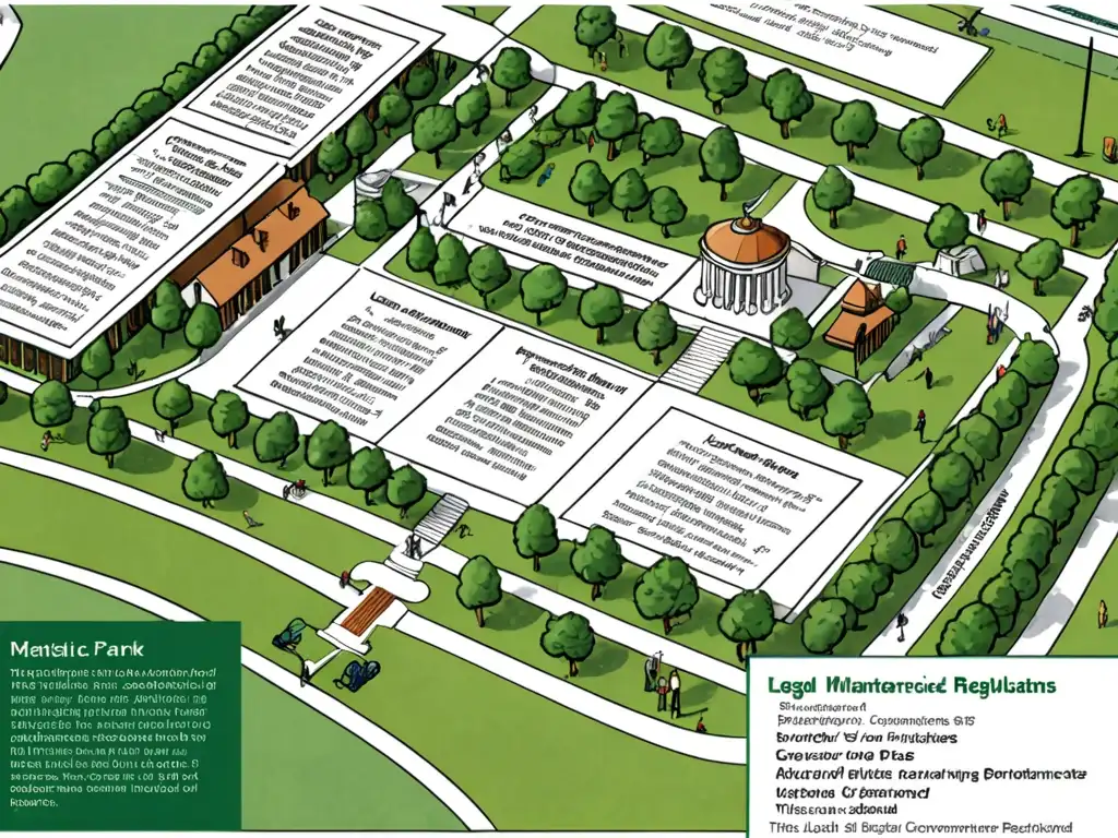 Documento legal detallando regulaciones de mantenimiento para parques públicos, rodeado de libros y herramientas legales, transmitiendo la seriedad de la responsabilidad legal en el cuidado de los parques
