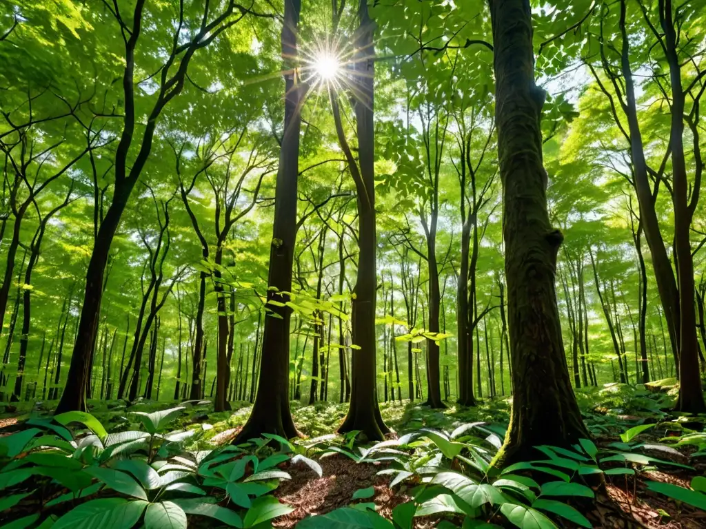 Un dosel de bosque exuberante con luz solar filtrándose entre las hojas, creando patrones de luz y sombra en el suelo del bosque