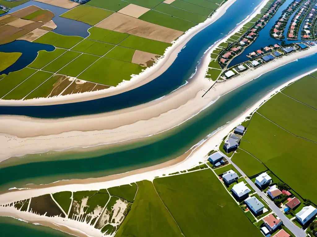 Dramática imagen aérea de impacto del cambio climático en zona costera, resaltando erosión, inundaciones y cambios en el paisaje