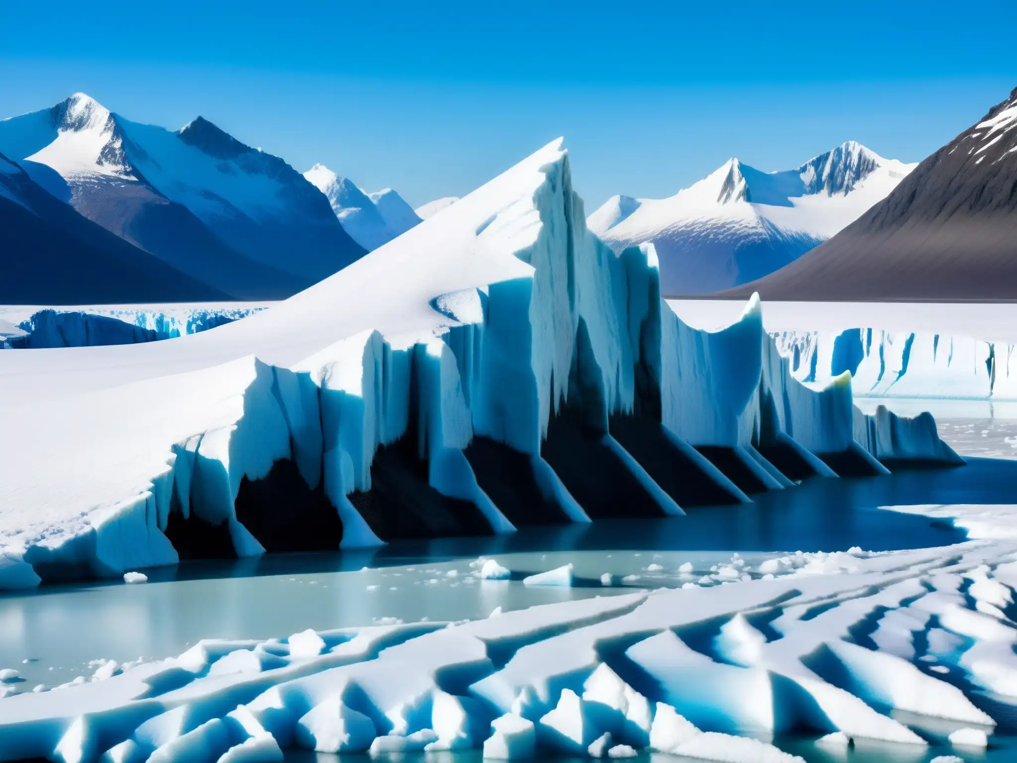 Dramática imagen de un glaciar derritiéndose en el Ártico, con hielo azul cristalino y grietas, frente a montañas nevadas y cielo azul brillante