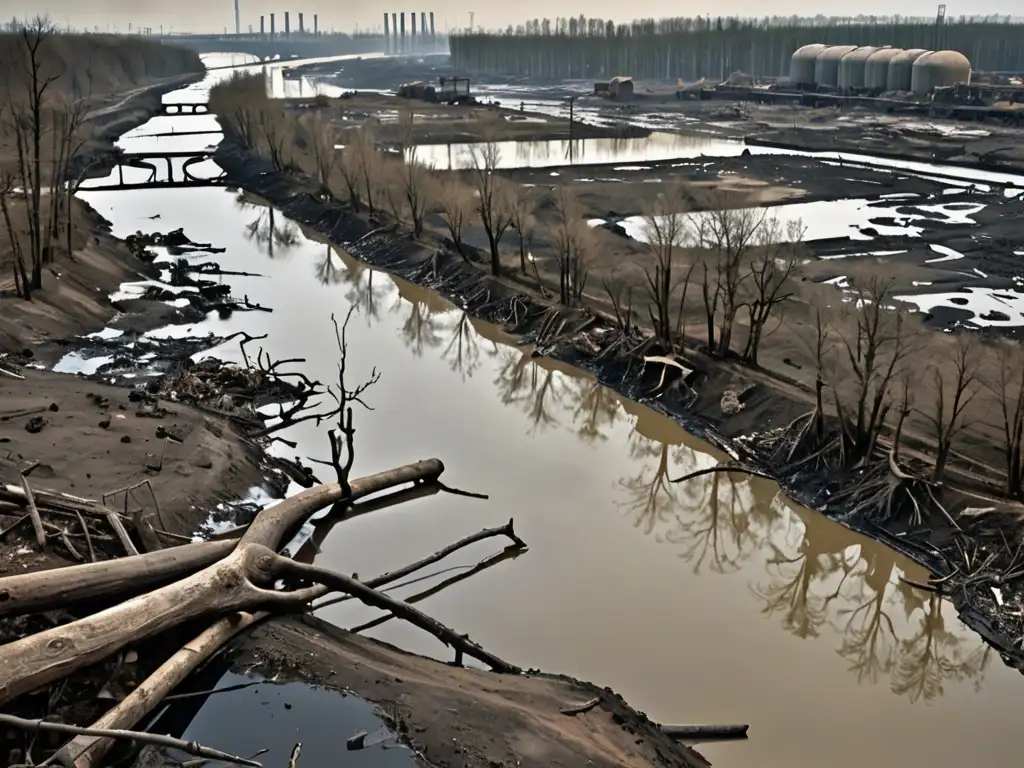 Dramática imagen de un río contaminado y un paisaje deforestado, con residuos industriales en el agua