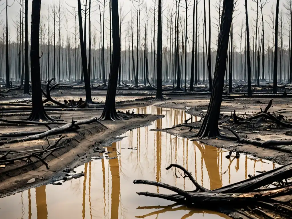 Dramático bosque devastado, río contaminado y árboles carbonizados