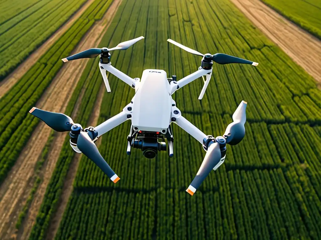 Un dron agrícola moderno en un campo verde, muestra tecnología avanzada para la agricultura de precisión