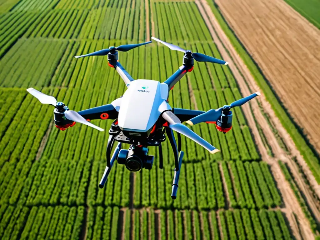 Drone agrícola moderno y tecnológico sobrevolando cultivos verdes, muestra el potencial de la legislación tecnología limpia agricultura