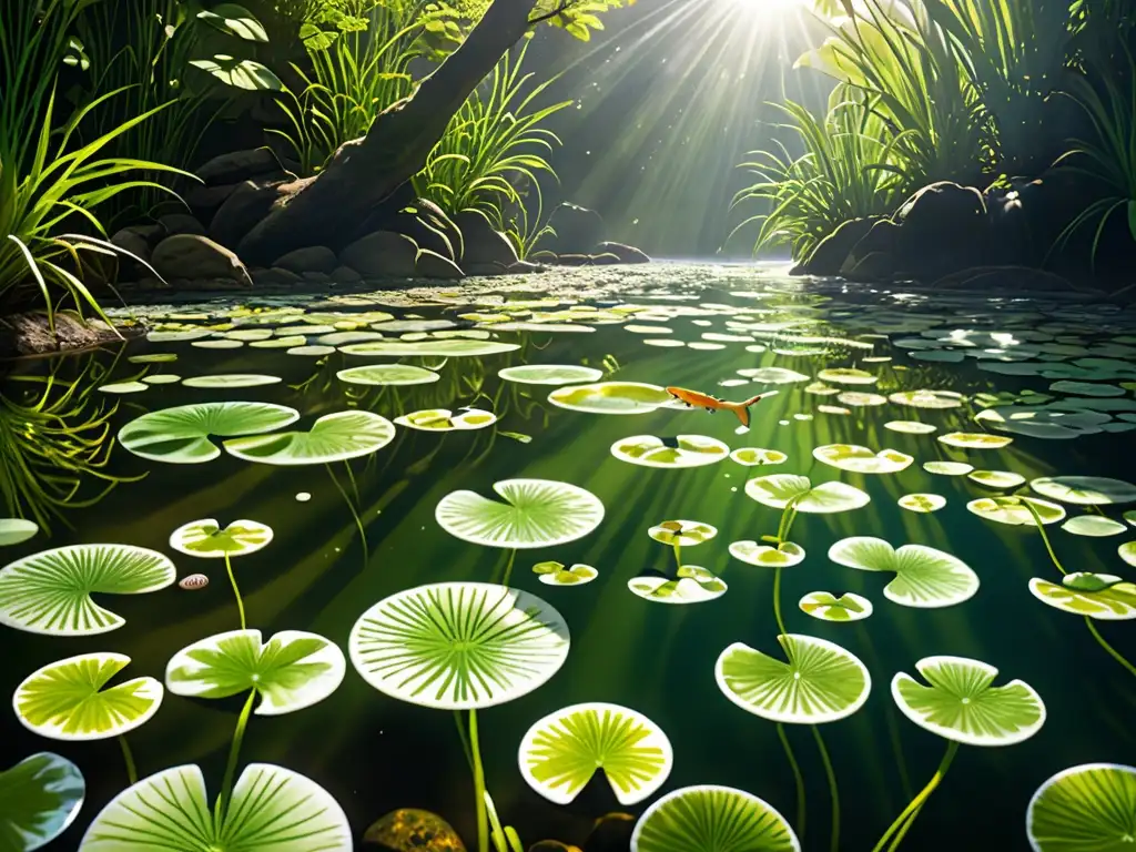 Un ecosistema acuático vibrante, con plantas verdes y peces entre la vegetación