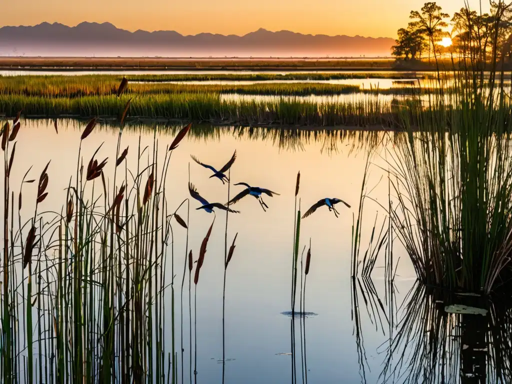 Un ecosistema diverso de humedales al amanecer, con aves y reflejos coloridos en el agua