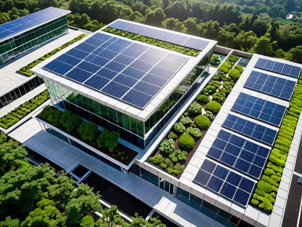 Edificio corporativo con jardín en la azotea, paneles solares y diseño sostenible, integrando casos éxito sostenibilidad corporativa