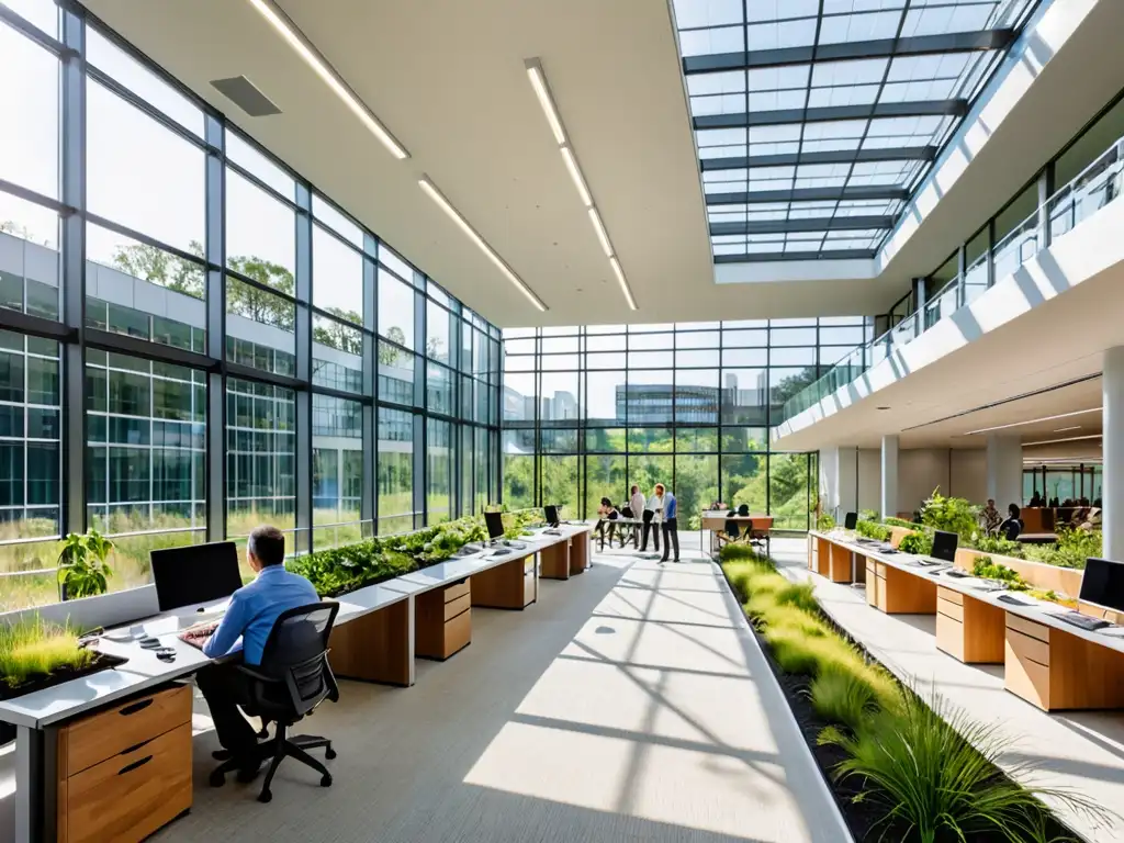 Edificio corporativo moderno con diseño sostenible, rodeado de vegetación