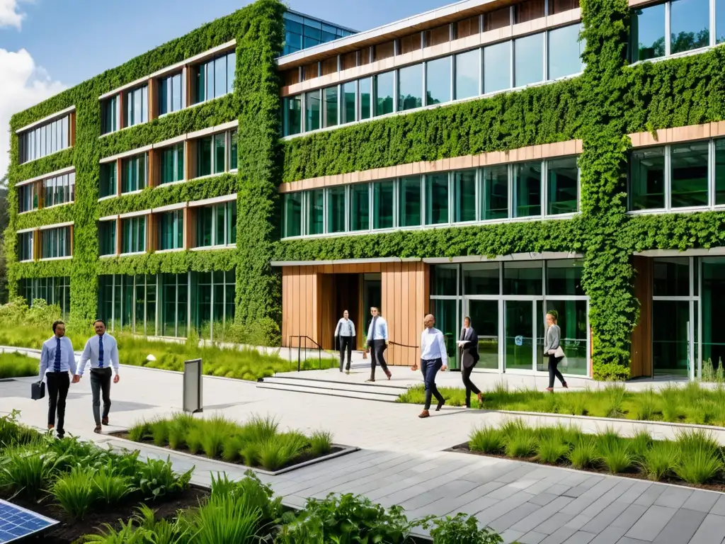 Edificio corporativo moderno con integración armoniosa de naturaleza y paneles solares, simbolizando acciones requeridas empresas Pacto Verde