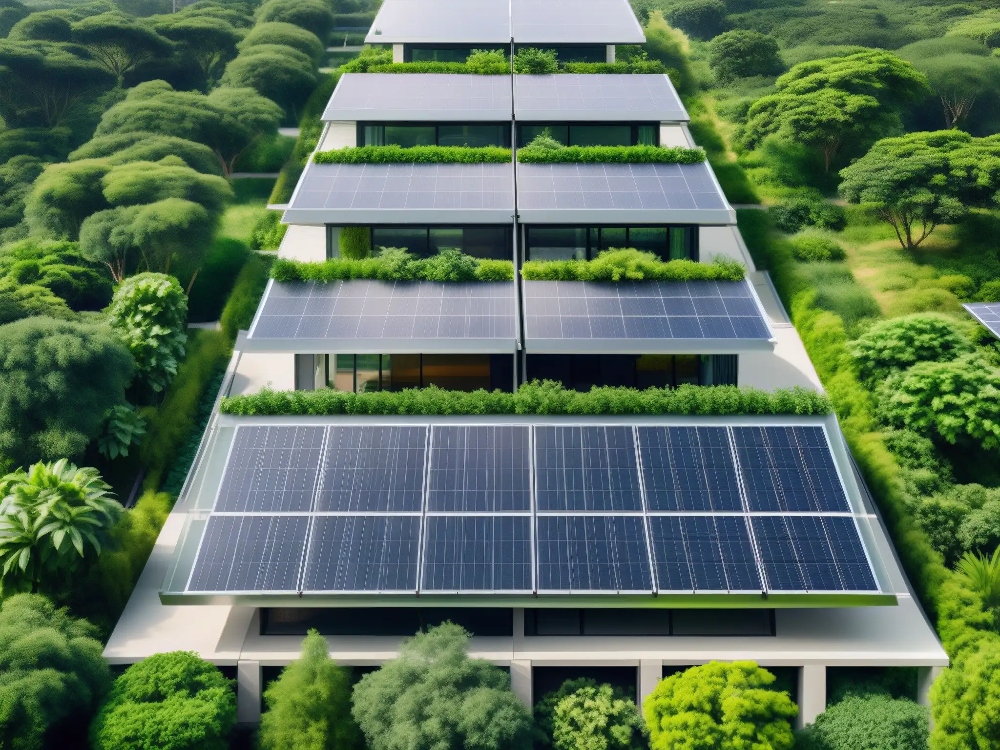 Edificio corporativo moderno con paneles solares y vegetación, ejemplo de adaptación corporativa al cambio climático