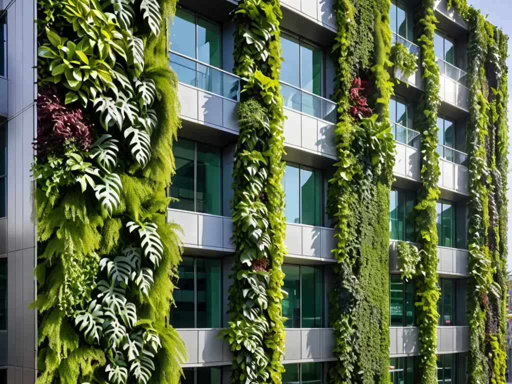 Un edificio corporativo moderno con una pared verde exuberante, iniciativas verdes responsabilidad social corporativa