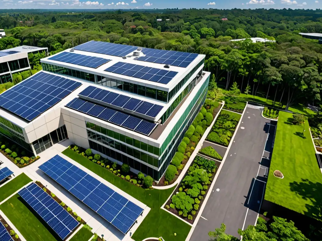 Edificio corporativo con paneles solares, rodeado de vegetación sostenible