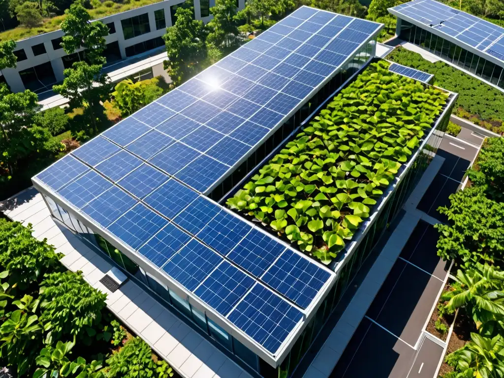 Edificio corporativo con paneles solares, integrando prácticas sostenibles