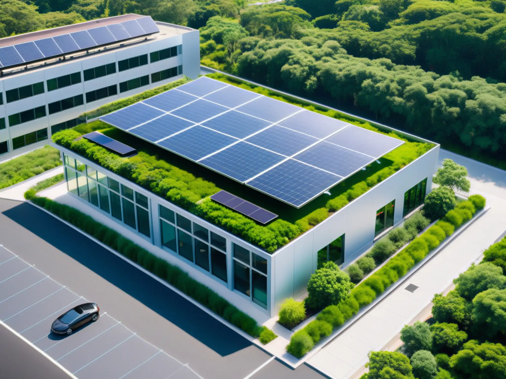 Edificio corporativo con paneles solares, estacionamientos para autos eléctricos y diseño sostenible