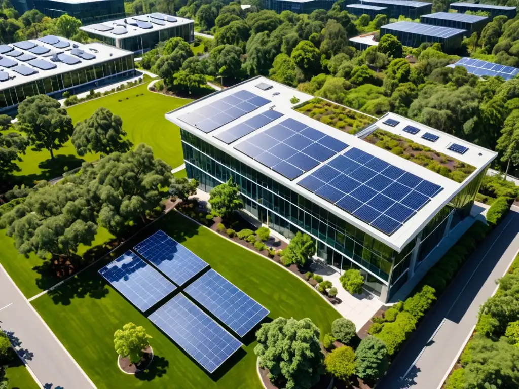 Edificio corporativo rodeado de vegetación exuberante y paneles solares, con cielo azul