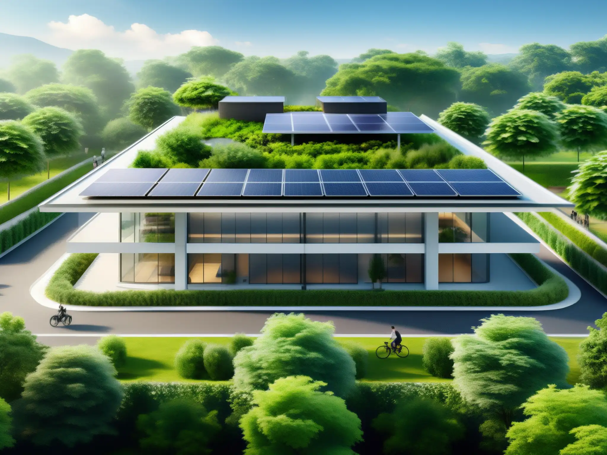 Edificio corporativo rodeado de vegetación sostenible y paneles solares, con empleados comprometidos con la adaptación corporaciones cambio climático