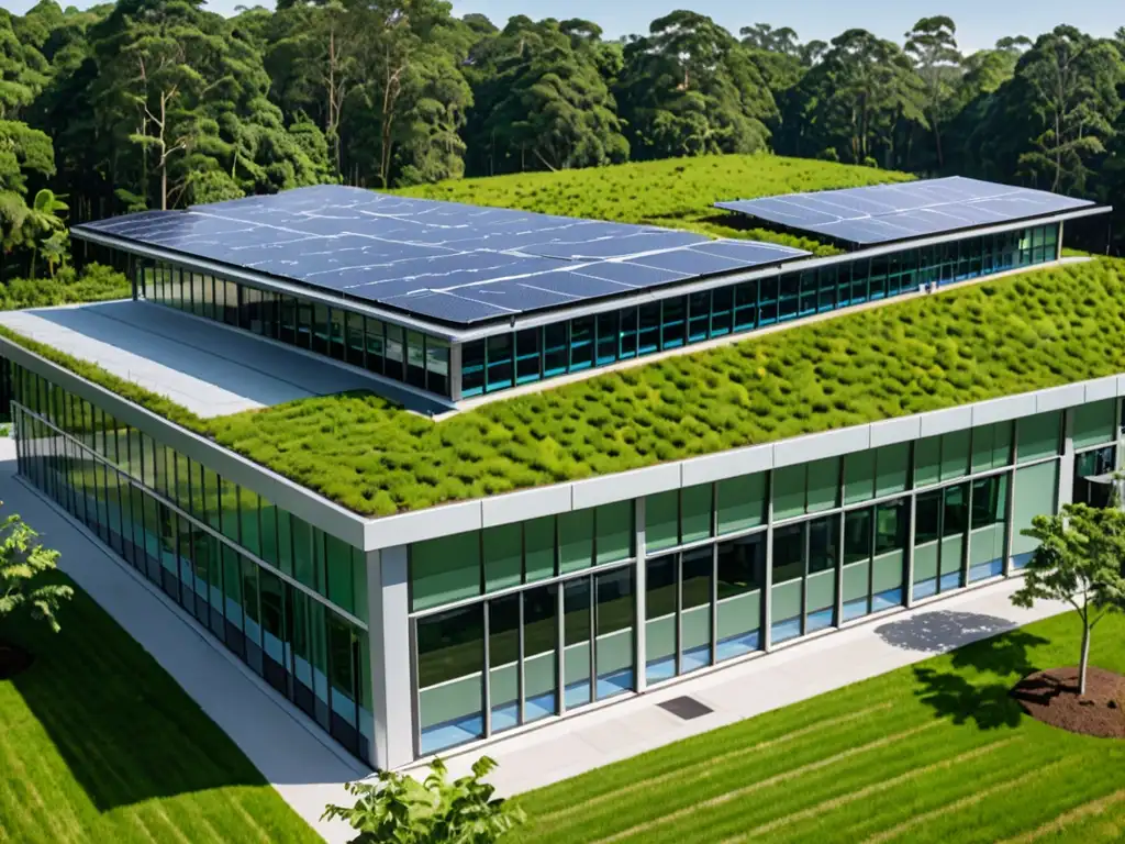 Un edificio ecoamigable rodeado de vegetación, con paneles solares, sistema de recolección de agua y estación de carga para vehículos eléctricos