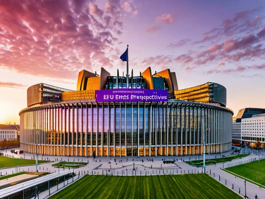 El edificio del Parlamento Europeo en Bruselas durante un vibrante atardecer, refleja el Funcionamiento ETS UE comercio emisiones