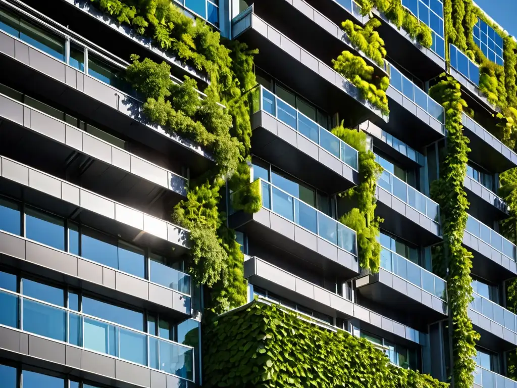 Edificio moderno y energéticamente eficiente con paneles solares, ventanas eficientes y vegetación integrada