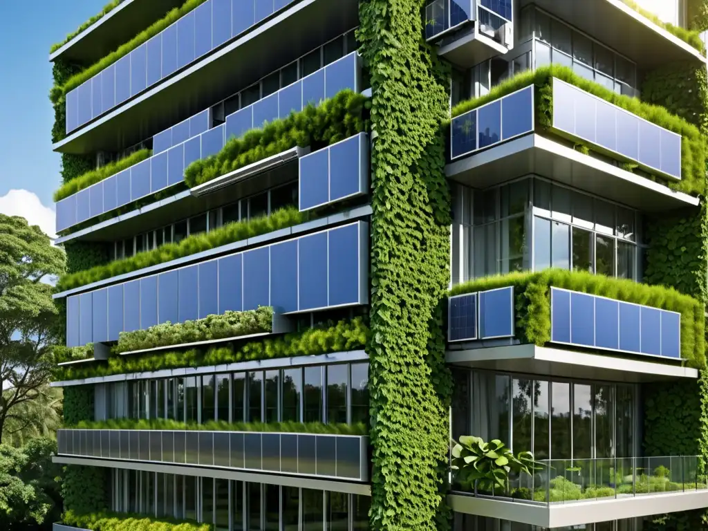 Un edificio moderno y energéticamente eficiente con paneles solares integrados, rodeado de exuberante vegetación