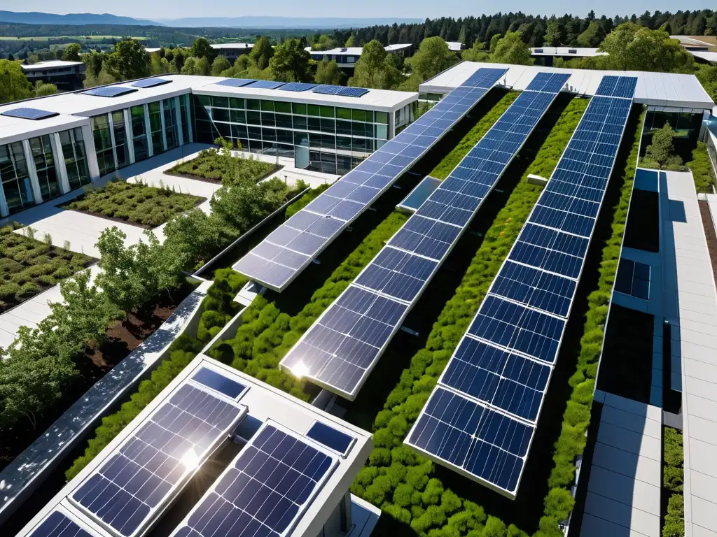 Edificio moderno con paneles solares brillantes en el techo bajo cielo azul claro, en armonía con la naturaleza