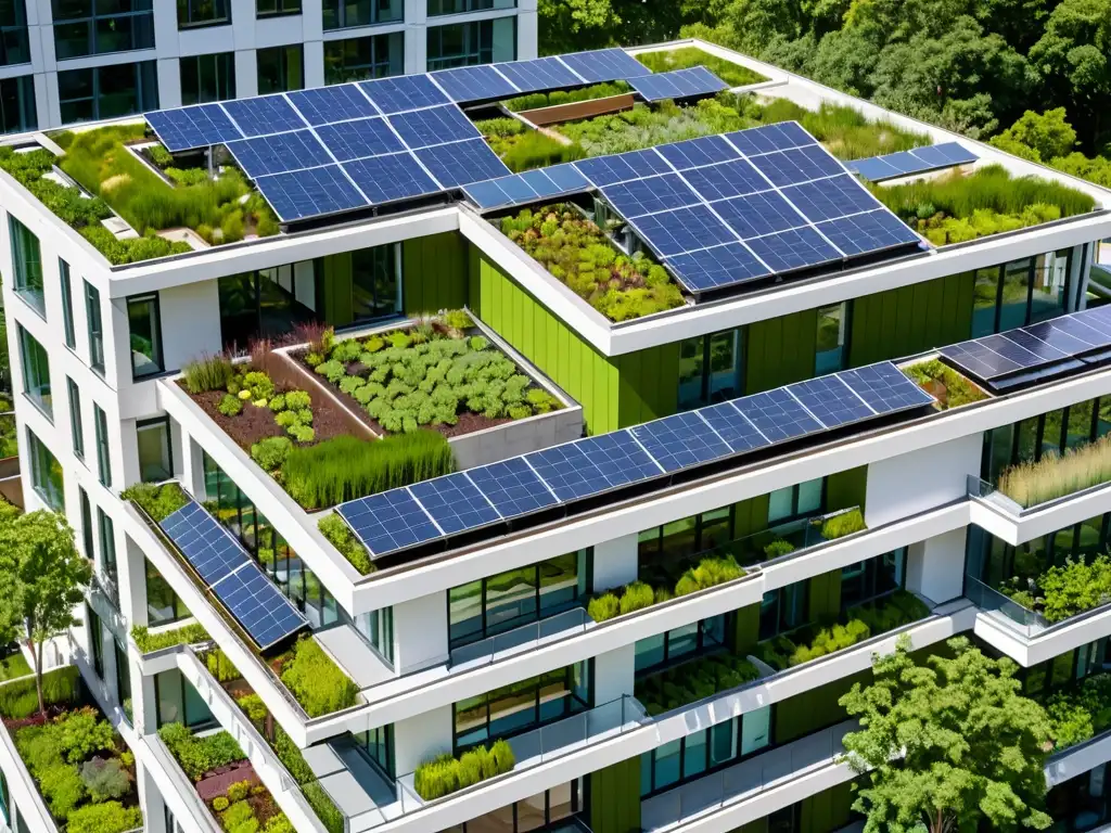 Edificio moderno con paneles solares, jardín en la azotea y ventanales, impacto global de normativas eficiencia energética