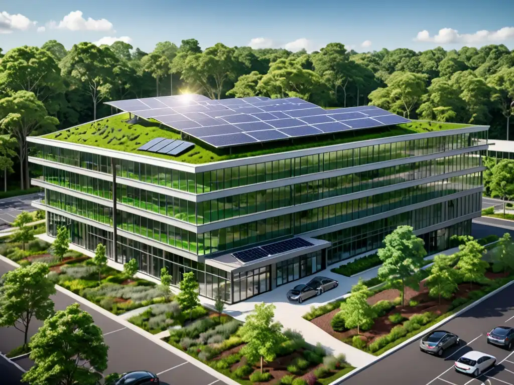 Edificio de oficinas moderno y ecológico con paneles solares, rodeado de vegetación exuberante y paisajismo sostenible