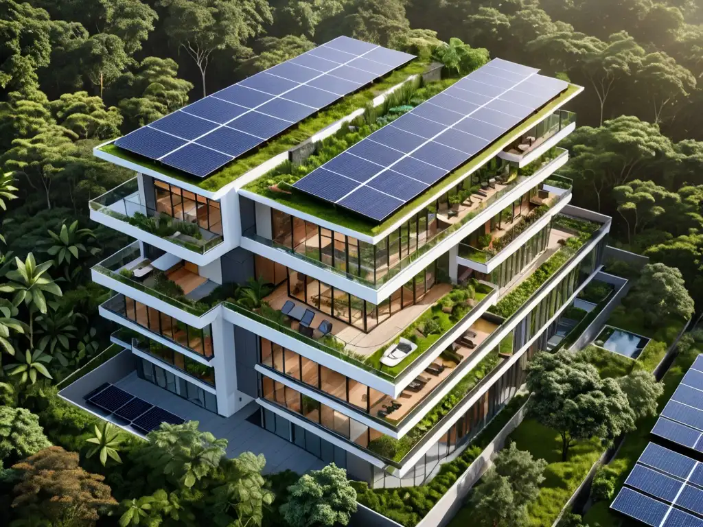 Un edificio sostenible rodeado de naturaleza, con paneles solares y sistema de recolección de agua