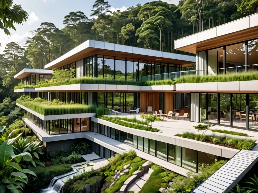 Edificio sostenible rodeado de naturaleza exuberante, con paneles solares y diseño ecoamigable