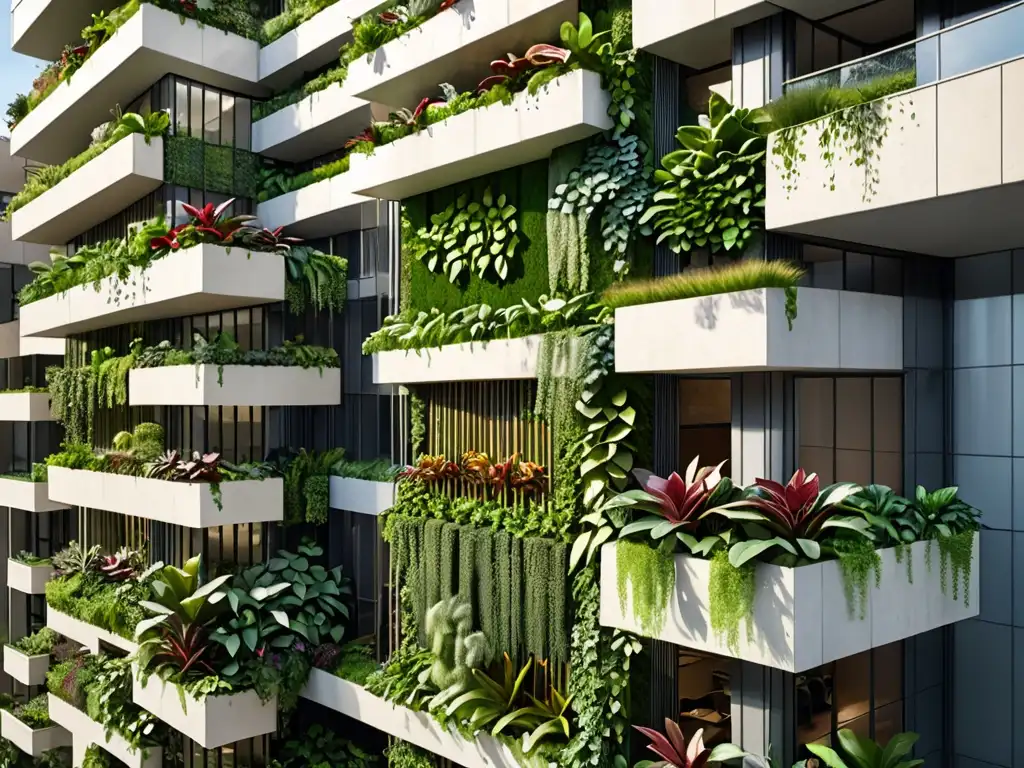 Edificio urbano con exuberante jardín vertical, muestra la integración de la naturaleza en la ciudad