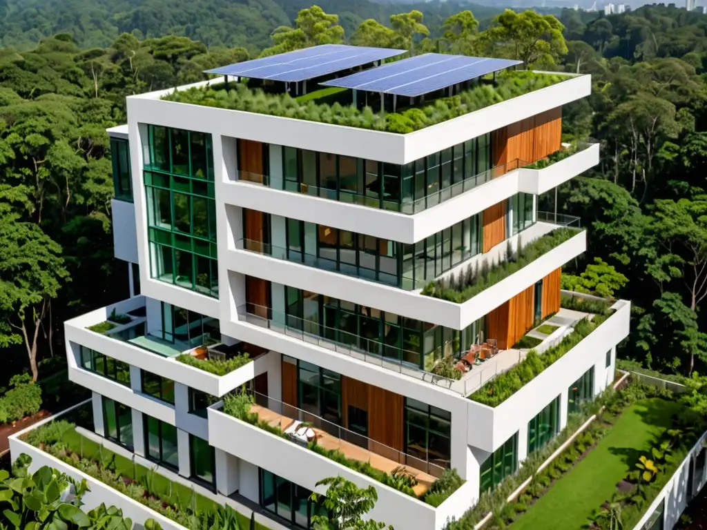 Edificio verde sostenible con diseño innovador y características eco-amigables, rodeado de naturaleza