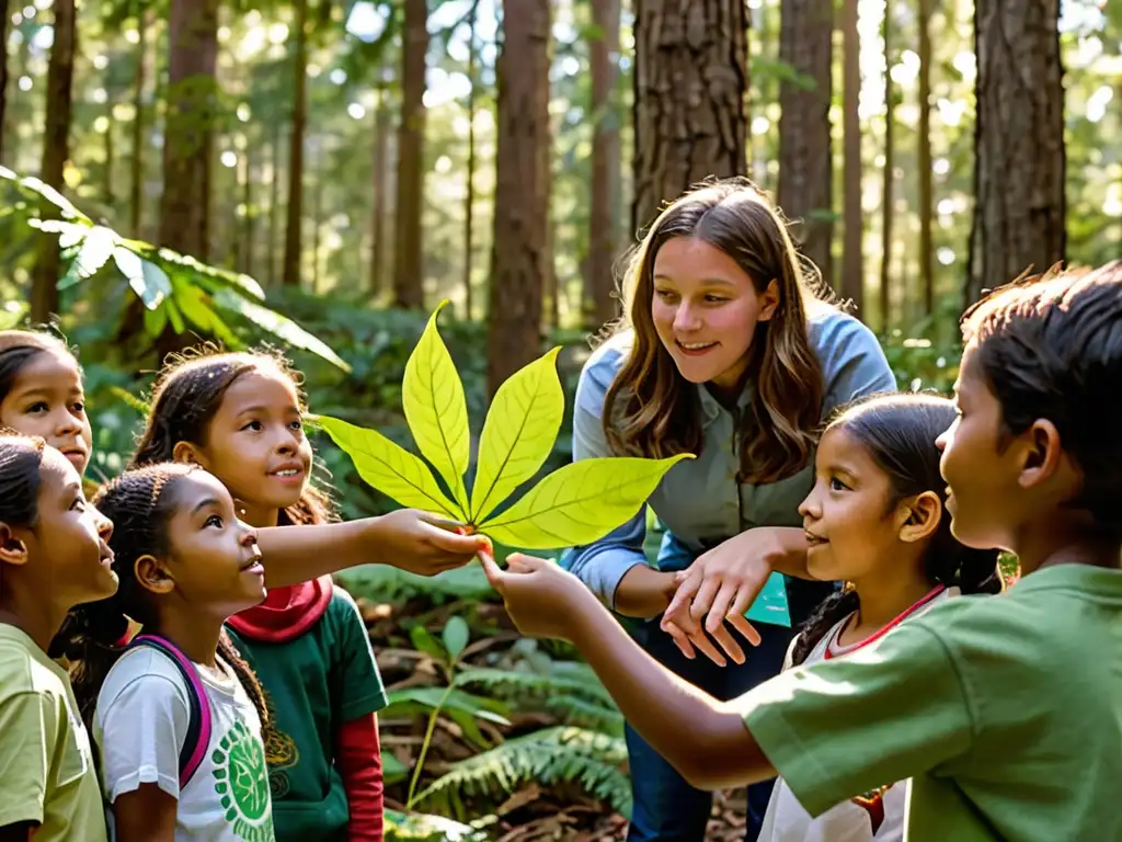 Un educador ambiental apasionado enseña a un grupo de niños diversos en un bosque exuberante, fomentando la protección ambiental de la infancia