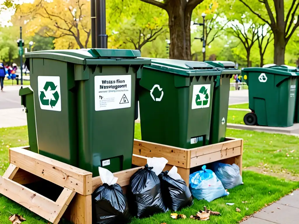 Eficiente gestión de residuos en parque público, con contenedores separados para reciclaje, compostaje y residuos generales