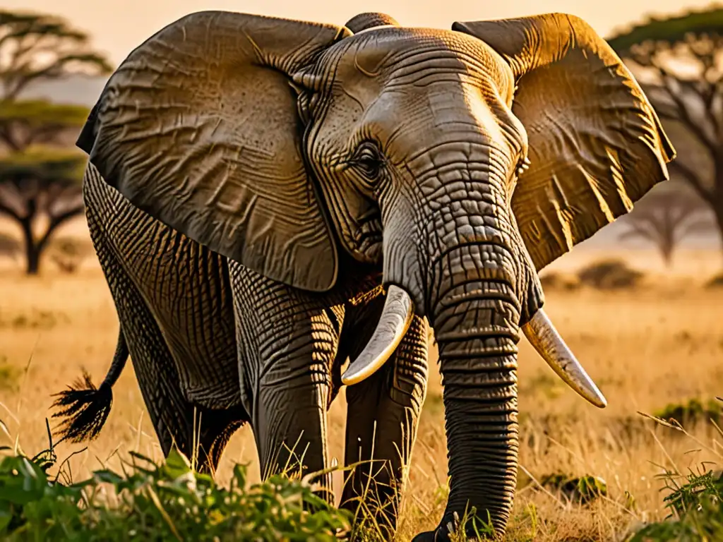 Elefante africano majestuoso en la sabana al atardecer Un elefante africano majestuoso y poderoso, con sus impresionantes colmillos, en la exuberante sabana bajo la luz dorada del atardecer