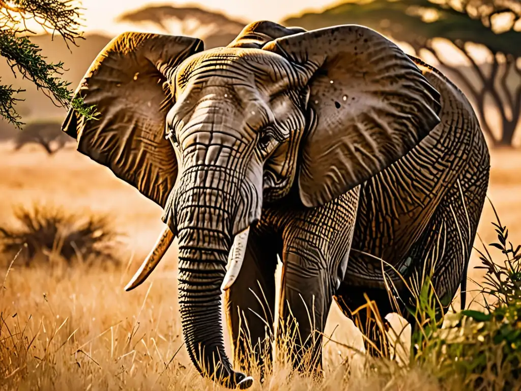 Un elefante africano pacíficamente pastando en la sabana al atardecer, exudando armonía con la naturaleza africana