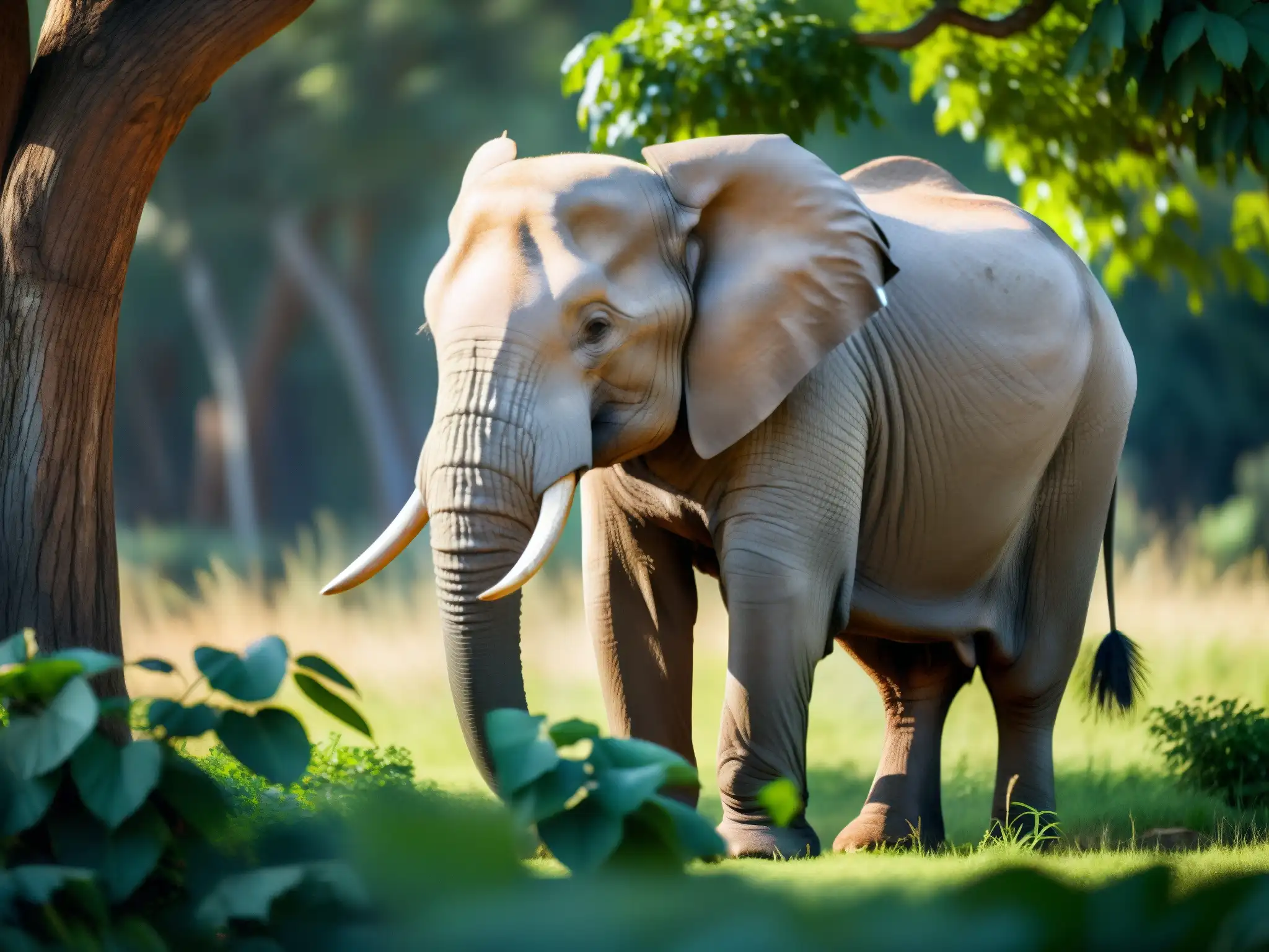 Un elefante majestuoso en su hábitat natural, con su trompa levantada para alcanzar las hojas de un árbol