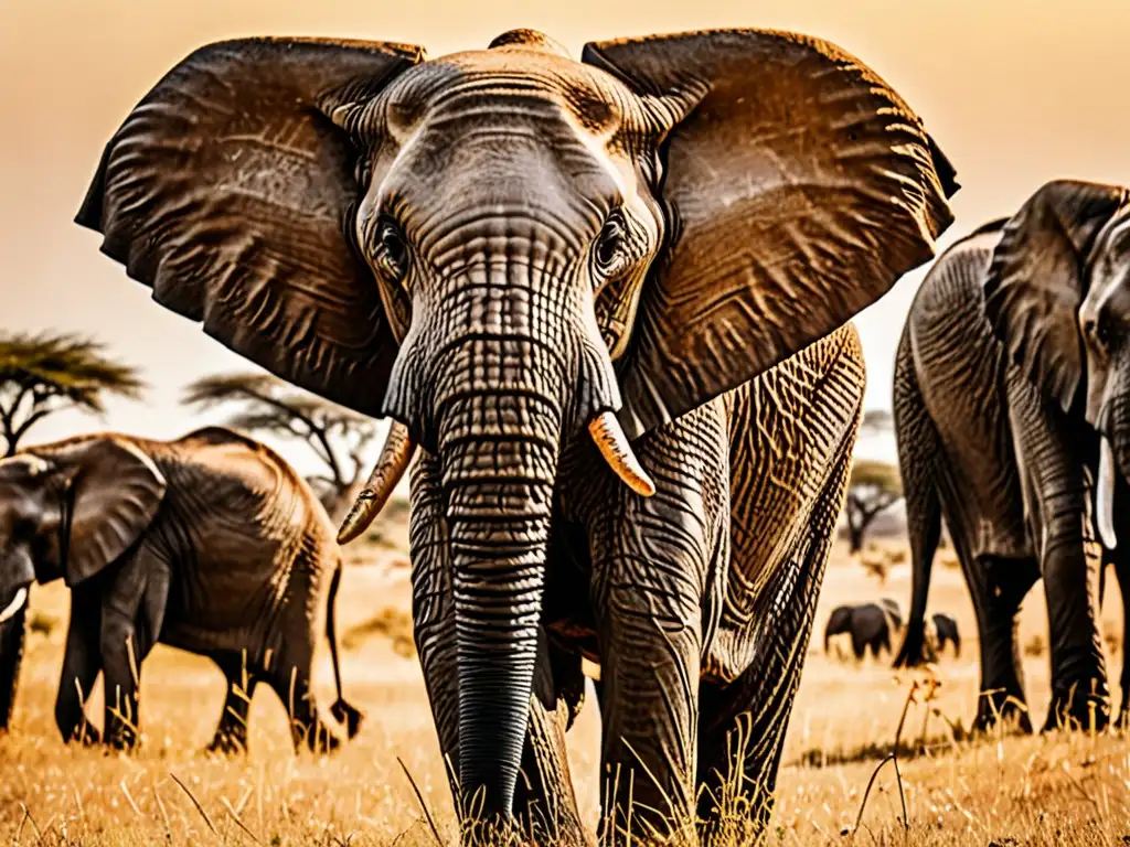 Un elefante majestuoso en la sabana africana, con su trompa alzada y orejas ondeando al sol