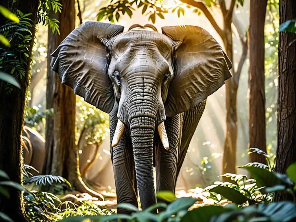 Un elefante majestuoso con su trompa en alto, destacando su piel arrugada y textura, en un exuberante bosque verde