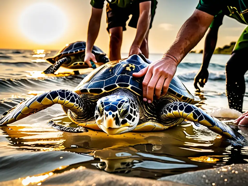 Rehabilitación de tortugas marinas: devolución al mar al atardecer Un emocionante momento de cooperación internacional en la liberación de tortugas marinas rehabilitadas al océano, simbolizando el éxito en la protección de especies en peligro