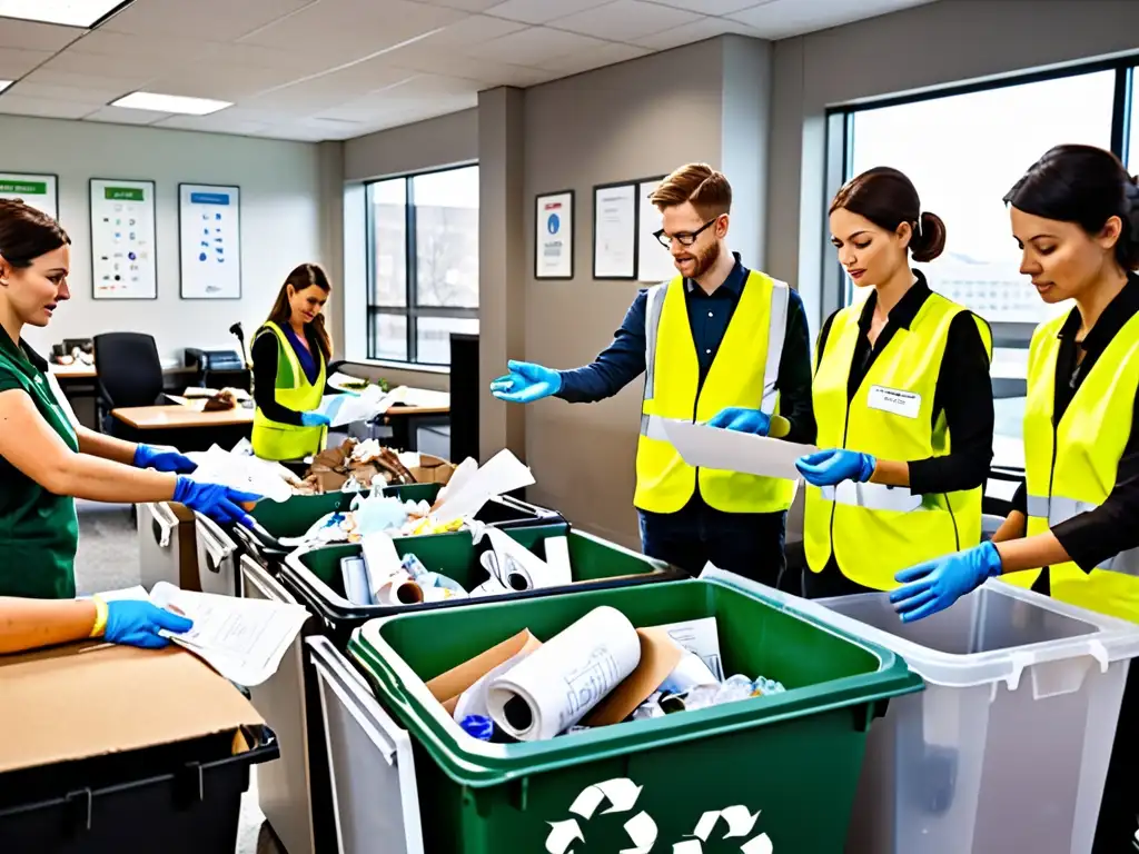 Empleados reciclando en la oficina, siguiendo normativas de reciclaje en empresa