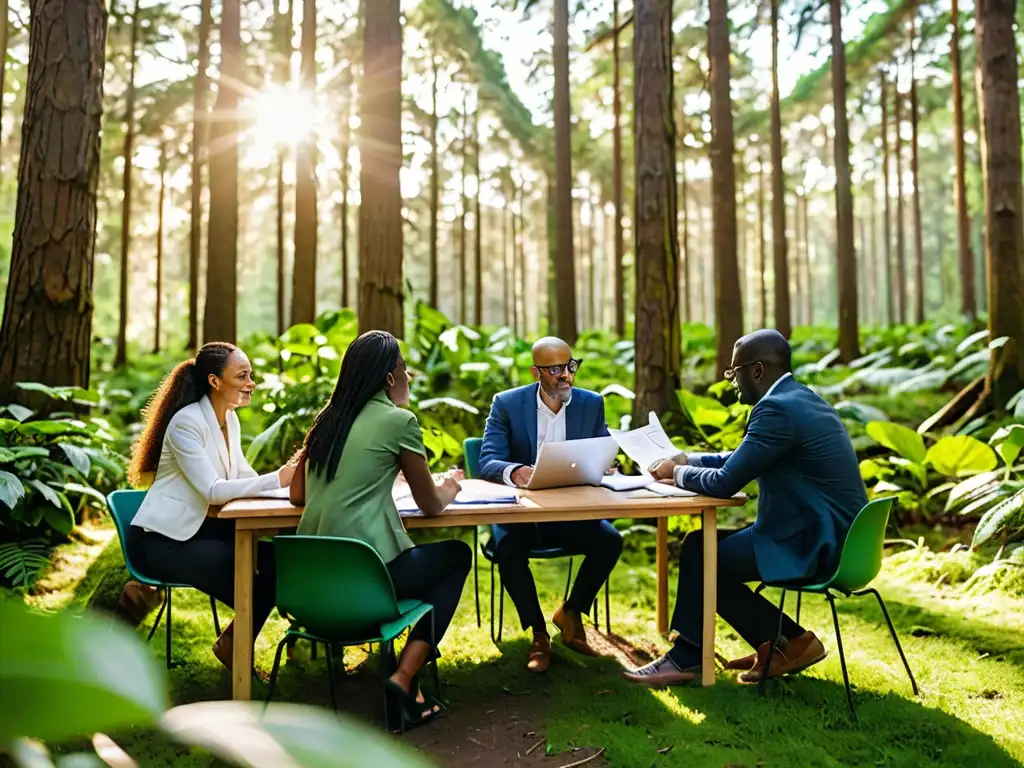 Emprendedores colaboran en un bosque, discutiendo ideas de negocios verdes bajo derecho ambiental, rodeados de naturaleza y energía sostenible