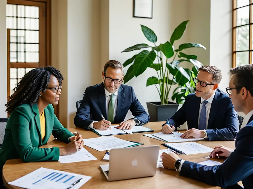 Emprendimientos verdes bajo derecho ambiental: Abogados y emprendedores discuten estrategias sostenibles en una sala llena de luz natural y documentos legales