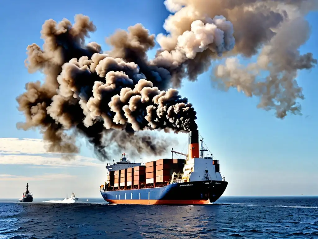 Enorme barco emitiendo humo oscuro en el mar, impactando el ambiente