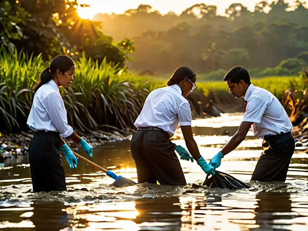 Un equipo de abogados y activistas ambientales trabajan juntos para limpiar un río contaminado al atardecer, mostrando su compromiso con prácticas sostenibles y éticas en el derecho ambiental