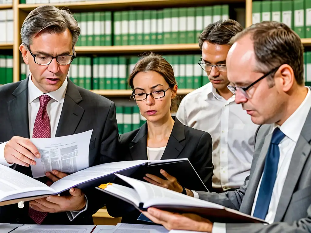 Equipo de abogados y expertos ambientales revisando regulaciones bioenergía sostenible en documento legal, reflejando profesionalismo y concentración