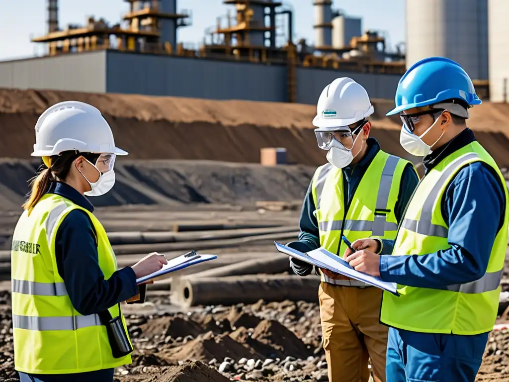 Un equipo de activistas ambientales de ONGs monitoreando el cumplimiento ambiental corporativo durante una inspección en una instalación industrial