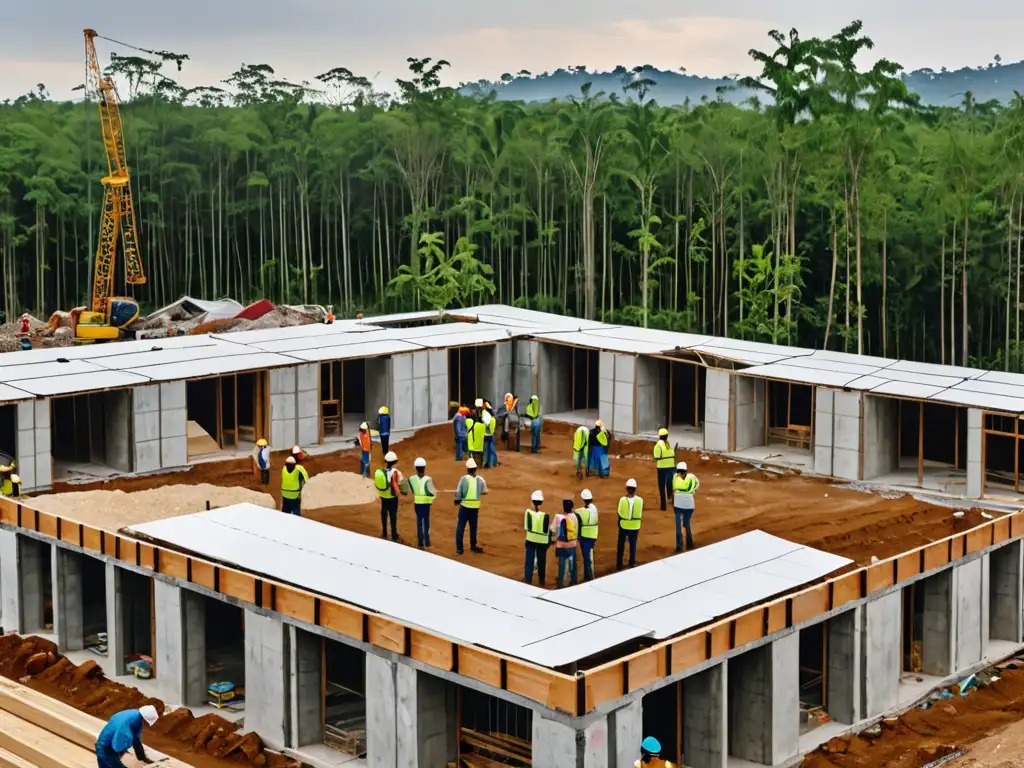 Equipo de arquitectos y ingenieros aplicando la influencia del derecho ambiental en construcción sostenible después de desastre natural