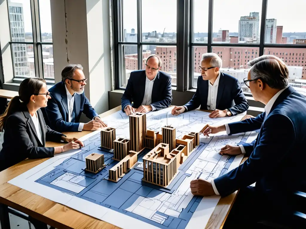 Renovación urbana postindustrial: debate de expertos Equipo de arquitectos y urbanistas discuten legislación para la renovación urbana postindustrial, iluminados por la cálida luz natural