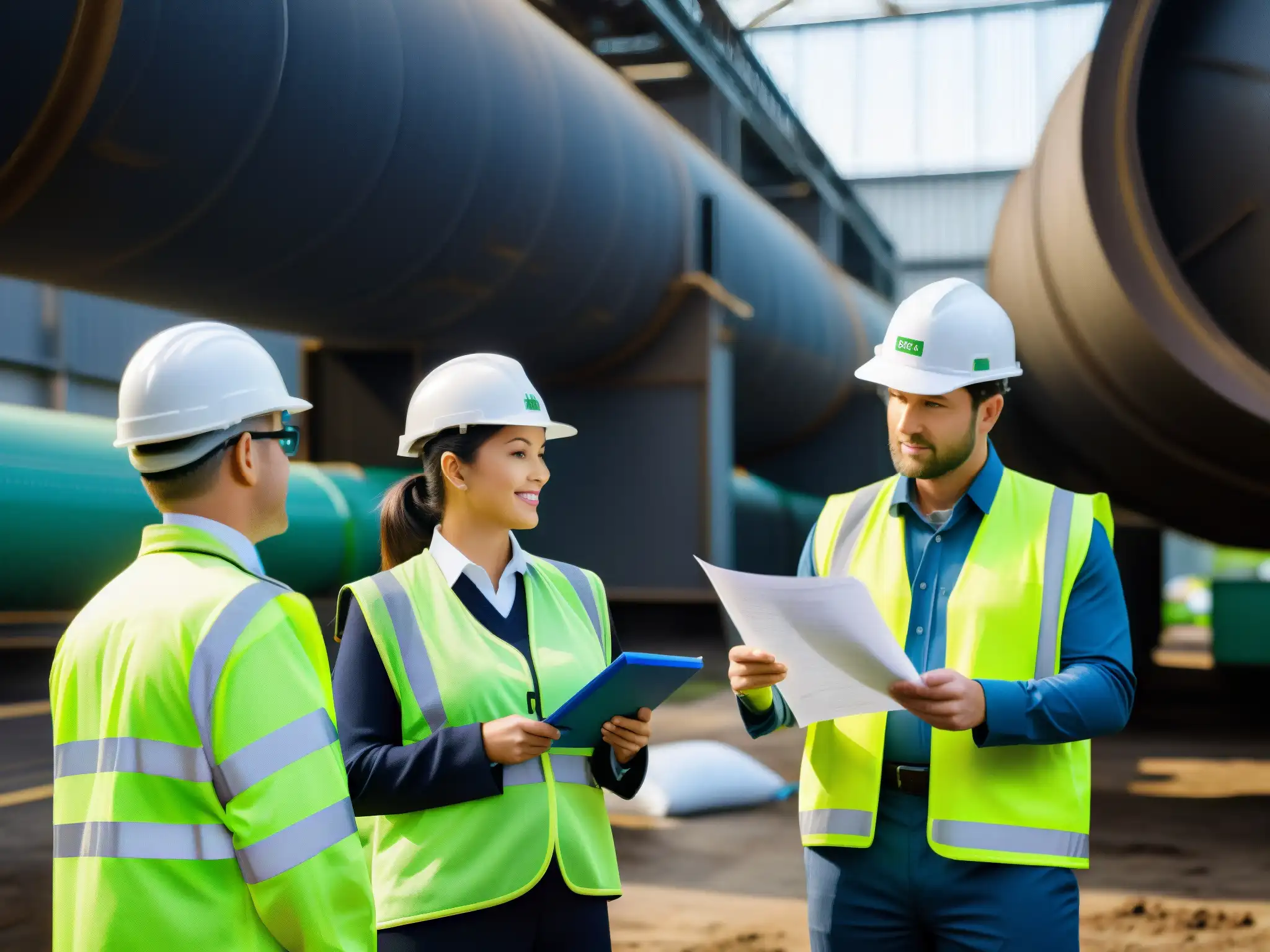 Un equipo de auditores ambientales corporativos realiza una inspección minuciosa en una instalación empresarial, verificando el cumplimiento de la legislación ambiental