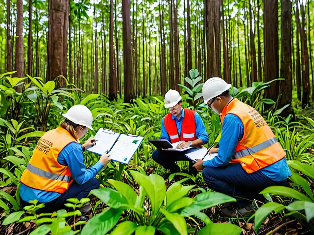 Un equipo de auditores ambientales corporativos realiza inspecciones in situ en un ecosistema exuberante